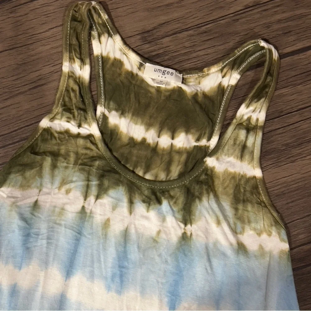 UMGEE Tank Dress. Olive Green and Blue Tie Dye. A Frame. Lace Bottom. - Picture 5 of 10